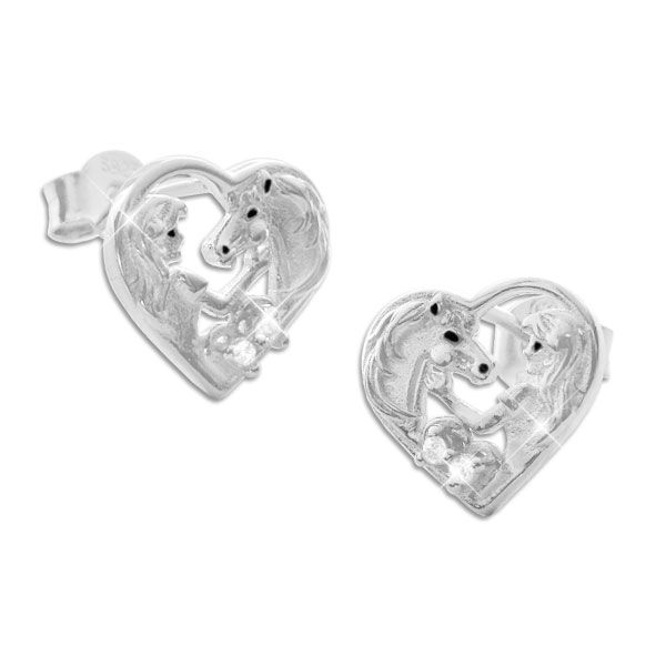 Kinder Ohrstecker Pferdemädchen Pferd im Herz mit Strass 925 Silber