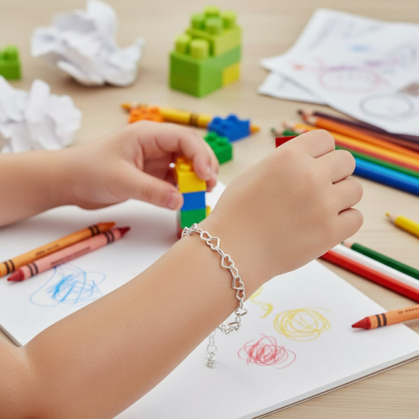 Kinderhandgelenk mit zartem Armband beim Malen oder Spielen