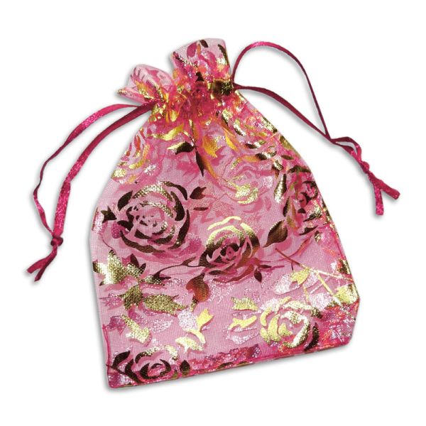 Organzasäckchen weinrot mit goldenen Rosen 9 x 12 cm Organzabeutel rot