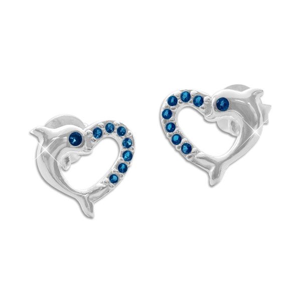 Delphin Herz Ohrringe mit blauen Zirkonia Strass Steinen 925 Silber