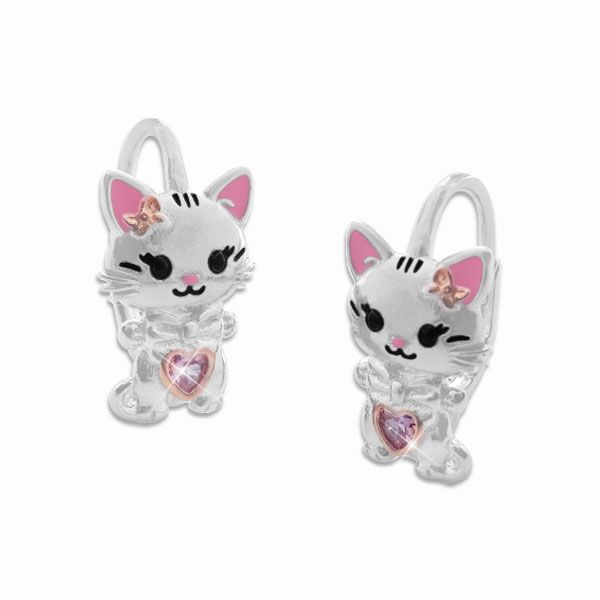 Kinder Ohrringe Katzen mit Herz und Schleife 925 Silber Brisur Katze