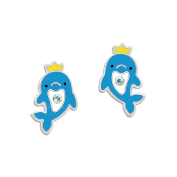 Kinder Ohrstecker Delphin mit Krone & Strass Stein 925 Silber Ohrringe