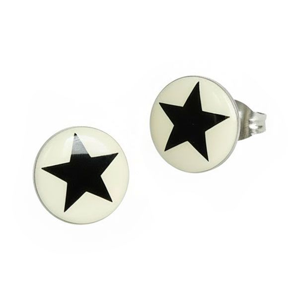 Runde Ohrstecker schwarzer Stern auf cremeweiß 10 mm Edelstahl