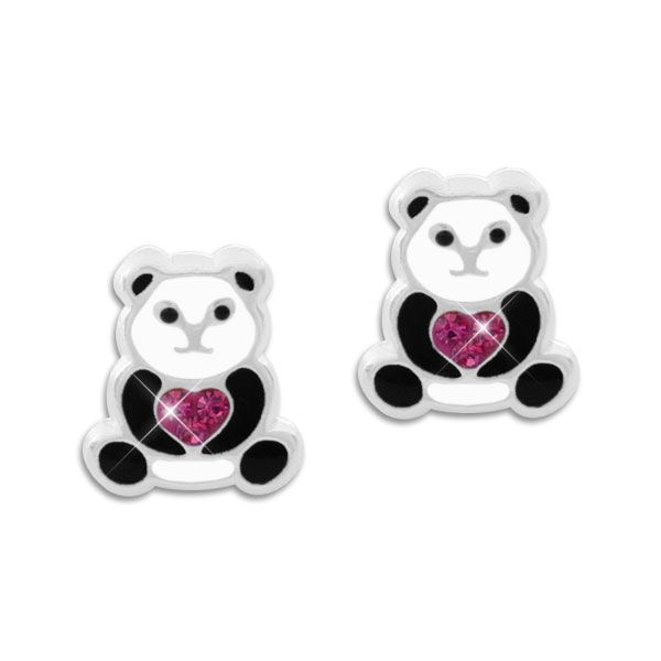 Kinder Ohrringe Panda mit Herz aus Kristallen 925 Silber