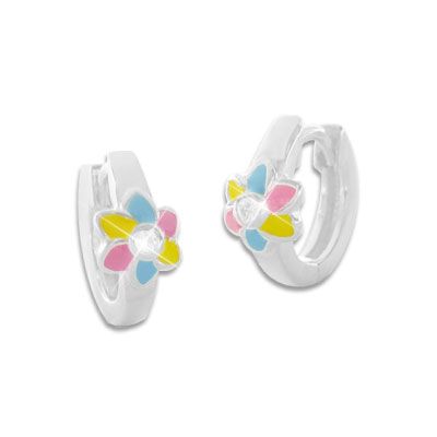 Mädchen Creolen mit bunter Blume und Zirkonia 925 Silber
