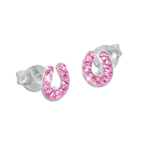 Hufeisen Ohrstecker mit rosa Kristallen 925 Silber Kinder Ohrringe
