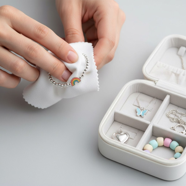 Erwachsene Hände reinigen ein Kinderarmband mit einem Schmucktuch, daneben liegt eine kleine Schmuckdose mit getrennt aufbewahrtem Kinderschmuck