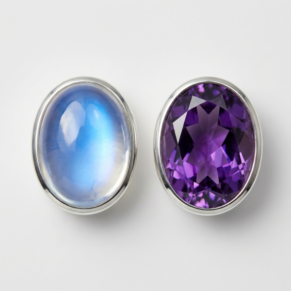 Vergleich von Edelsteinen im Cabochonschliff und facettiert: glatter Mondstein-Anhänger neben facettiertem Amethyst