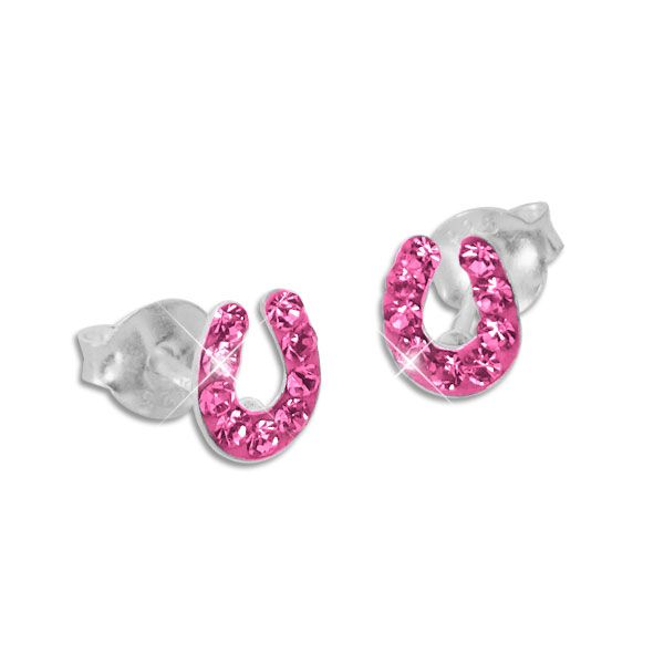 Kinder Ohrringe Hufeisen mit Kristallen in pink 925 Silber Ohrstecker