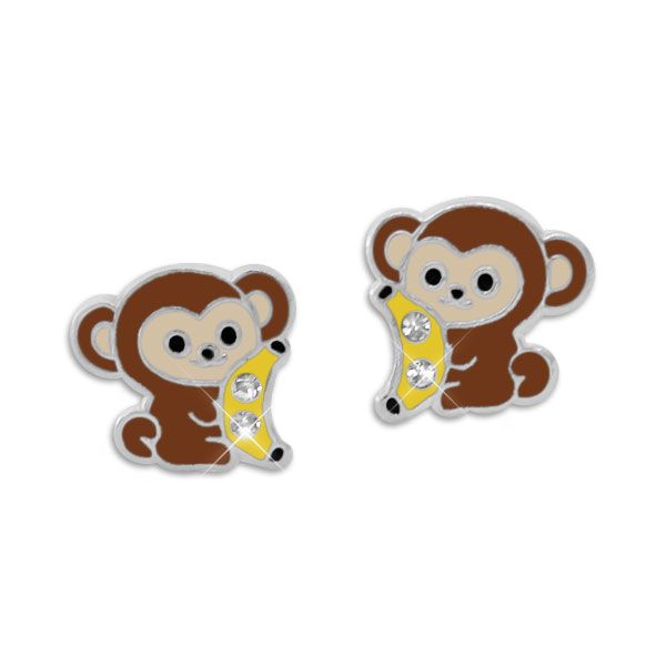 Ohrstecker Affe und Banane mit Kristallen 925 Silber für Kinder