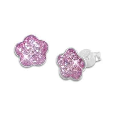 Glitzer Ohrstecker Blume violett Kinder Ohrringe 925 Silber