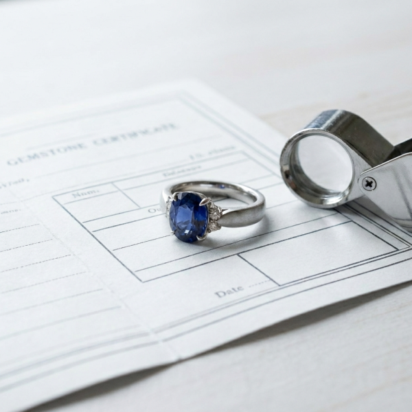 Ring mit blauem Edelstein auf einem angedeuteten Edelstein-Zertifikat neben einer Juwelierlupe