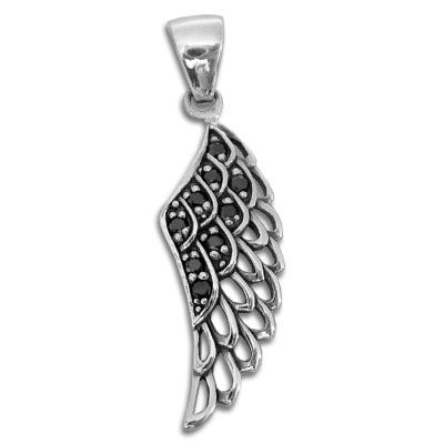 Gothic Engelsflügel Anhänger mit schwarzen Steinen 925 Silber