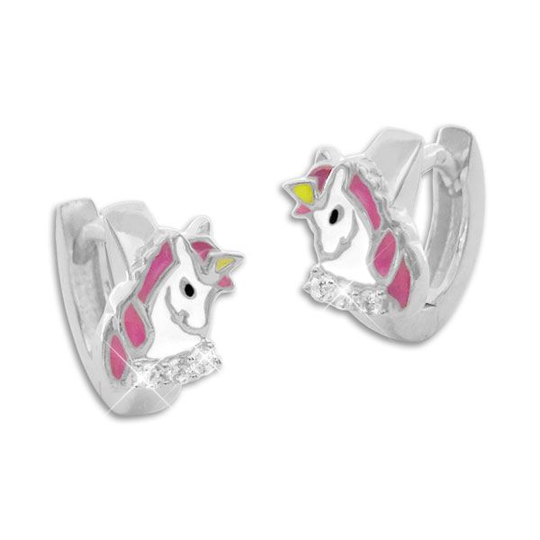 Einhorn Klapp-Creolen mit Zirkonia Strass Steinen 925 Silber