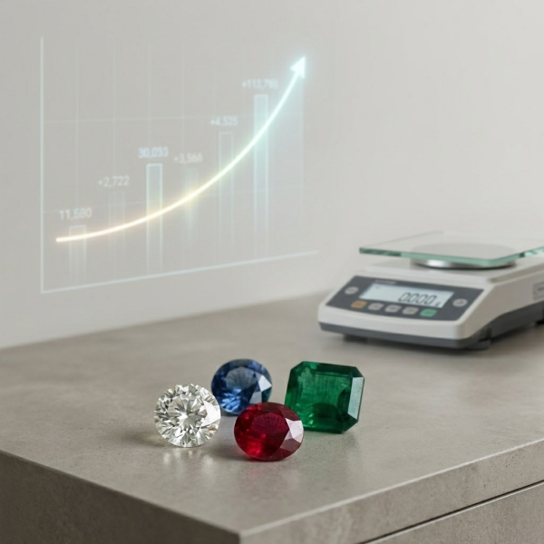 Symbolisches Stillleben mit losen geschliffenen Edelsteinen vor dezent angedeutetem Finanzdiagramm