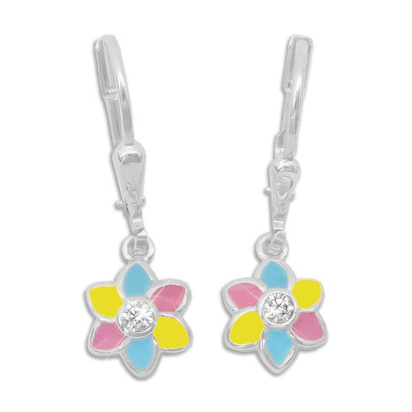 Kinderohrringe Blume rosa gelb blau mit Strass Stein 925 Silber