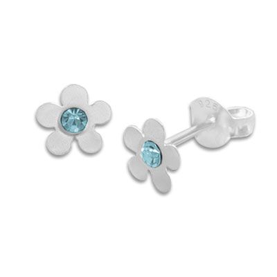 Kinder Ohrringe Blume mattiert mit hellblauem Kristall 925 Silber