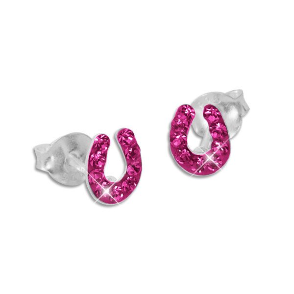 Kinder Ohrstecker Hufeisen mit Kristallen in fuchsia pink 925 Silber