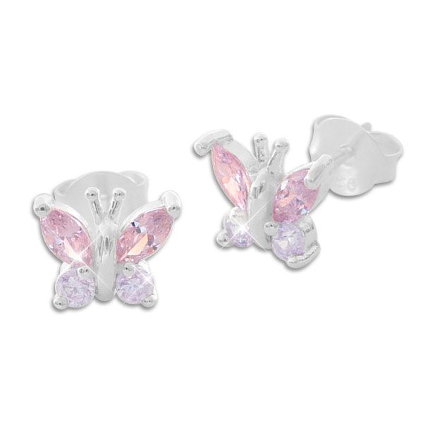 Mädchen Ohrstecker Schmetterling mit lila und rosa Strass Steinen 925 Silber