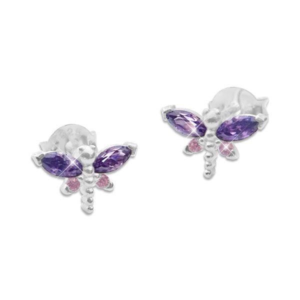 Ohrstecker Libelle mit lila und rosa Zirkonia Strass Steinen 925 Silber