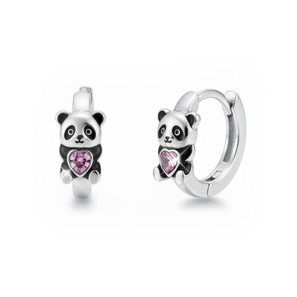 Panda Creolen für Kinder mit rosa Strass Herz 925 Silber