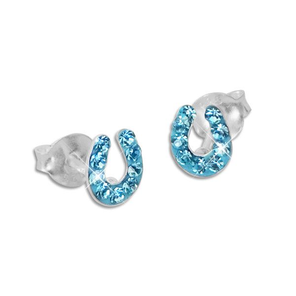 Kinderschmuck Hufeisen Ohrstecker mit hellblauen Kristallen 925 Silber