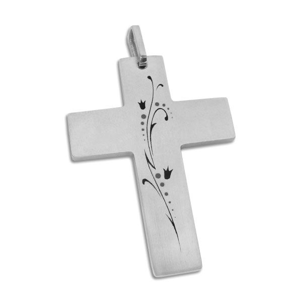 Edelstahlschmuck Kreuz Anhänger mit Blumen Muster Edelstahl
