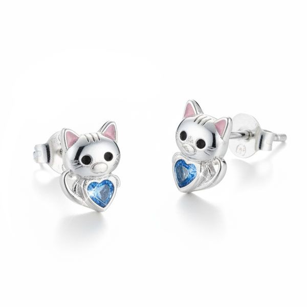 Kinder Ohrstecker Ohrringe Katze mit Zirkonia Herz blau 925 Silber