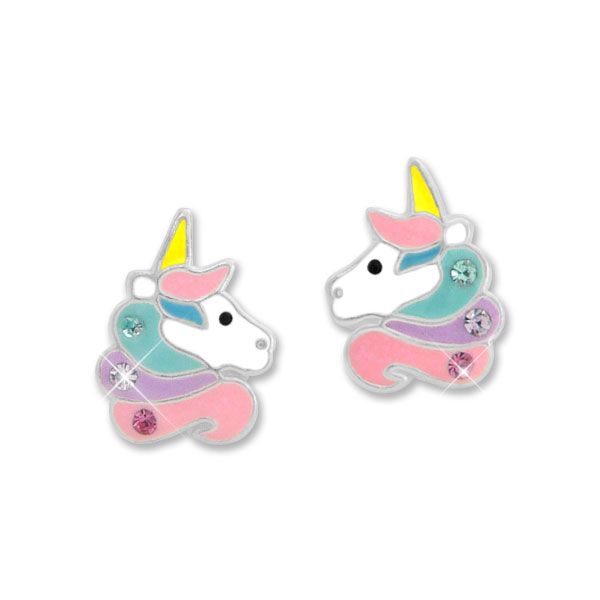 Einhorn Ohrstecker Candy bunte Mähne mit Strass 925 Silber