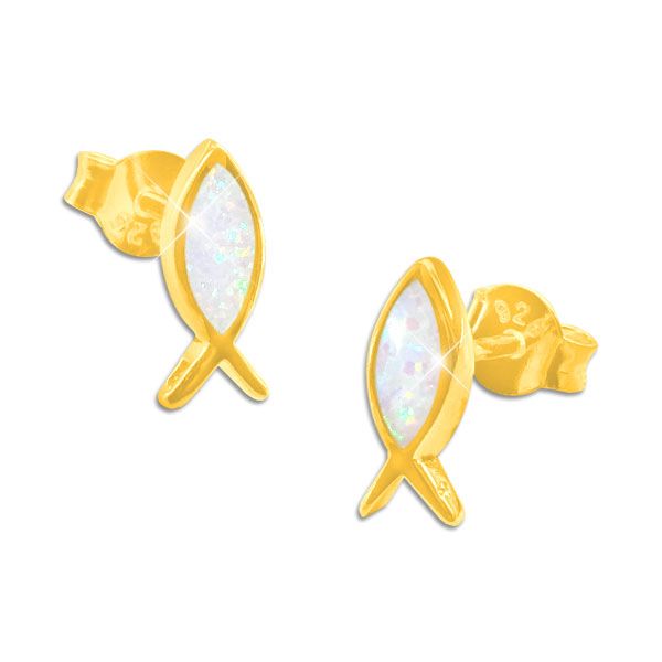 Vergoldete Fisch Ohrstecker mit Opal 925 Silber Ichthys Ohrringe