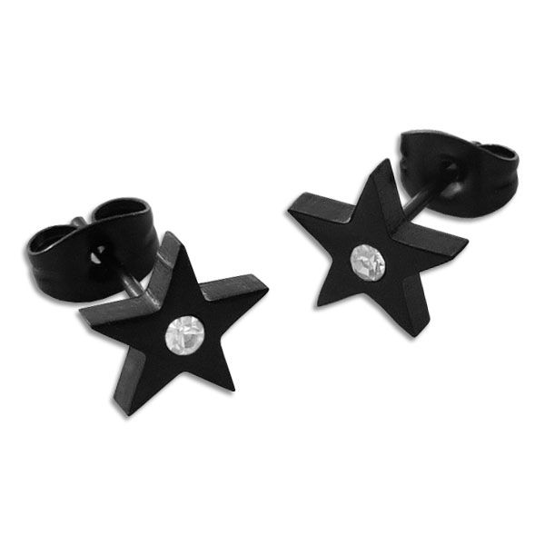 Schwarze Ohrringe mit großen Sternen und Strass Steinen Edelstahl