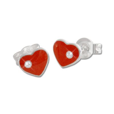 Kinder Ohrstecker Herz rot mit Strass Stein 925 Silber