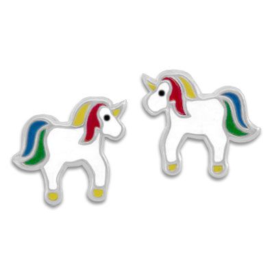Regenbogen Einhorn Ohrstecker mit bunter Mähne 925 Silber Einhörner