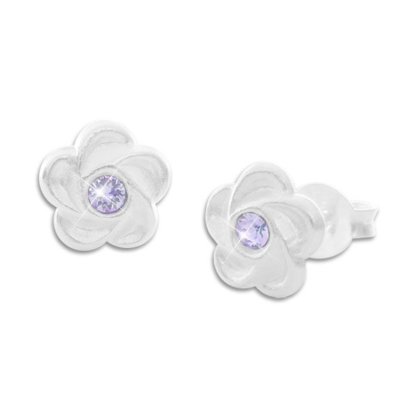 Blumen Ohrstecker mattiert mit flieder lila Stein 925 Silber Kinderschmuck