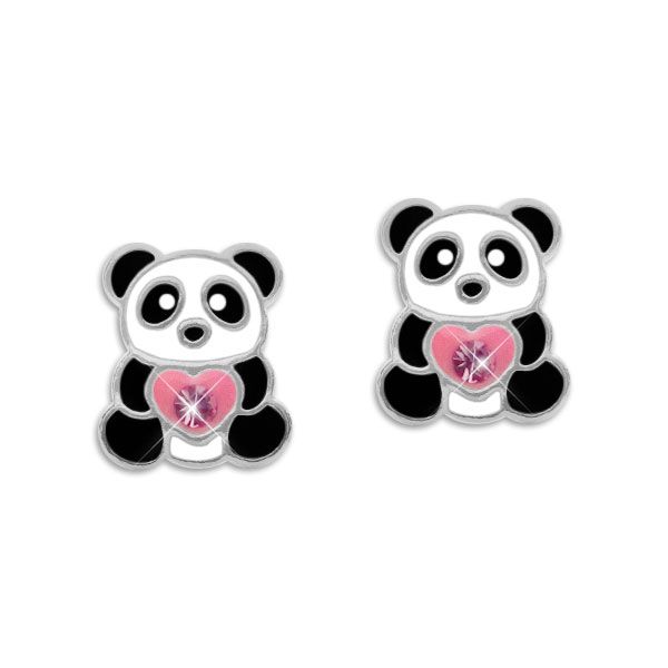 Panda Ohrstecker mit rosa Herz und Strass Kristallen 925 Silber