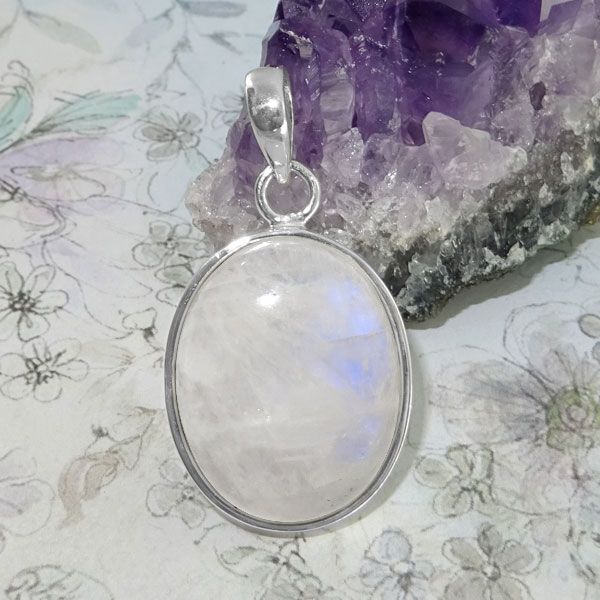 Ovaler blauer Mondstein Anhänger 26 x 21 mm 925 Silber Unikat