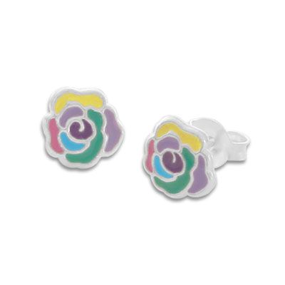 Ohrstecker Rose bunt 925 Silber Ohrringe für Kinder mit Blume