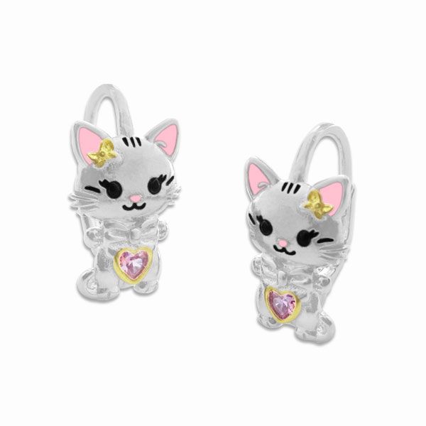 Kinder Ohrringe Katzen mit Schleife und Herz 925 Silber Brisur Katze