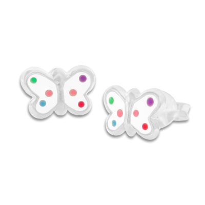 Ohrstecker Schmetterlinge weiß mit bunten Punkten 925 Silber Ohrringe für Kinder