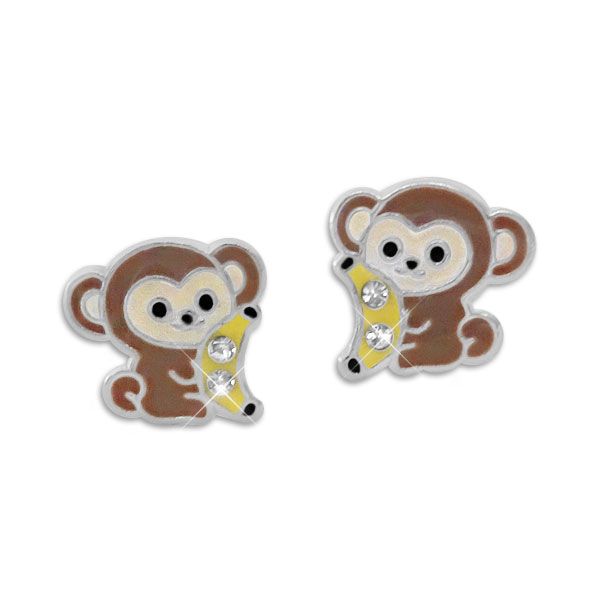Ohrstecker Affe und Banane mit Kristallen 925 Silber für Kinder