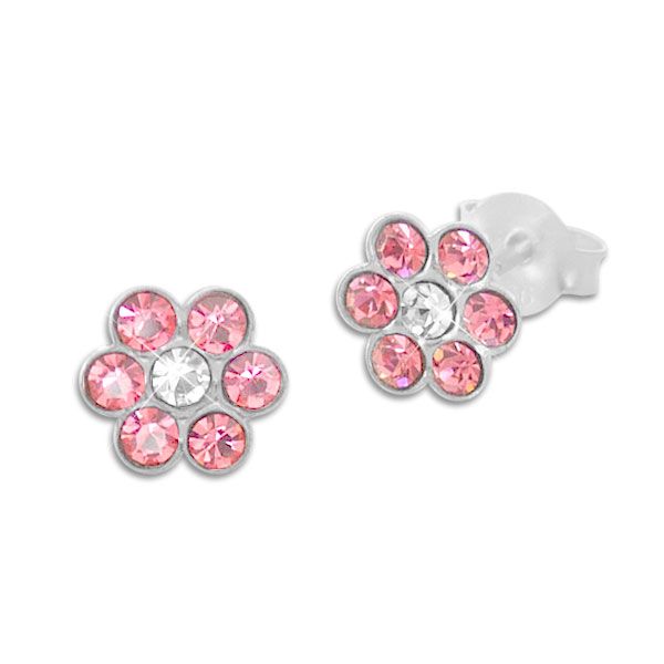 Kinder Ohrstecker Blumen rosa und weiße Kristalle 925 Silber