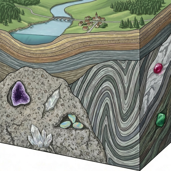 Schematischer Querschnitt durch Erdkruste mit magmatischen, metamorphen und sedimentaeren Zonen und eingezeichneten Edelsteinen