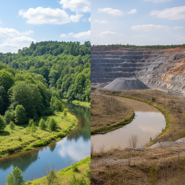Landschaft vor und nach Edelstein-Bergbau zur Darstellung von Umweltbelastungen