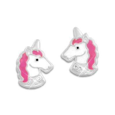 Ohrstecker Einhorn mit pinker Mähne und Strass Steinen 925 Silber Ohrringe mit Einhörnern für Kinder