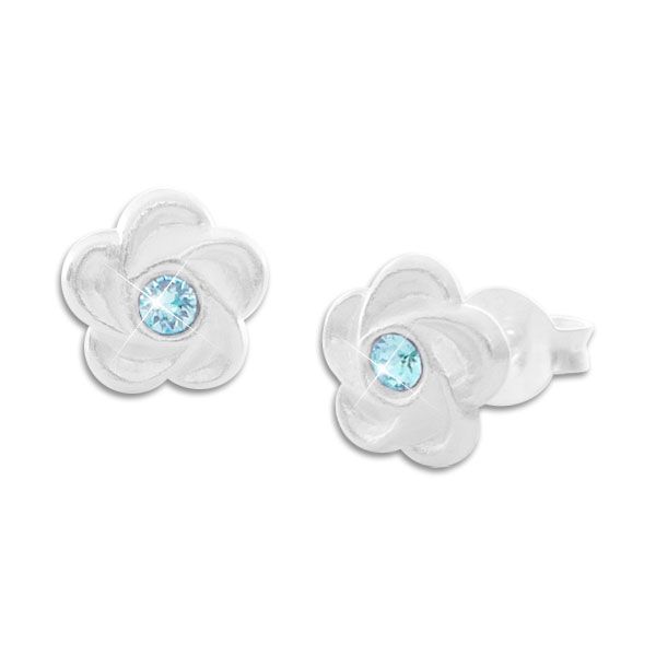 Blumen Ohrstecker mattiert mit hellblauem Stein 925 Silber Kinder Ohrringe