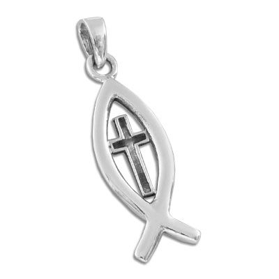 Jesus-Zeichen Anhänger Fisch-Symbol mit Kreuz 925 Silber