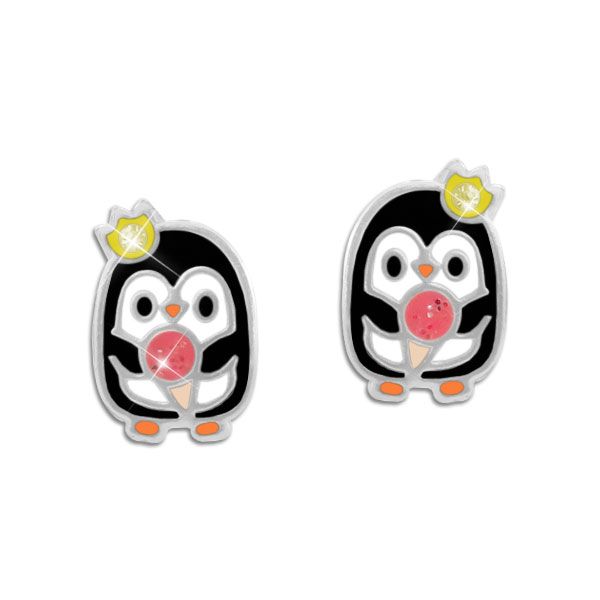 Kinder Ohrringe Ohrstecker Pinguin mit Eis und Krone 925 Silber