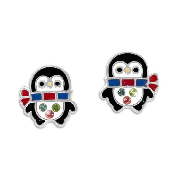 Pinguin Kinder Ohrringe Ohrstecker mit Schal und Kristallen 925 Silber