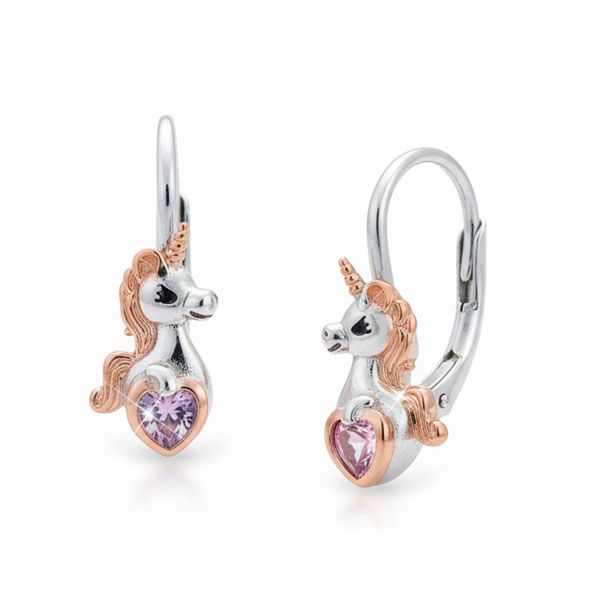 Kinder Ohrringe Einhorn mit Herz rotvergoldet 925 Silber Brisur