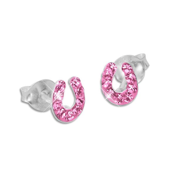 Hufeisen Ohrstecker mit rosa Kristallen 925 Silber Kinder Ohrringe